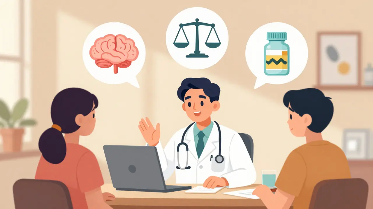 Doctor meeting patients with floating brain and pill icons