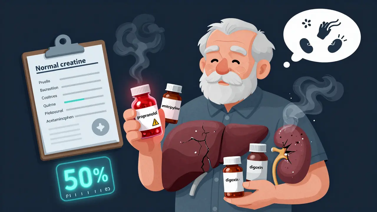 Elderly person surrounded by multiple medications, with warning signs rising from liver and kidneys due to poor clearance.