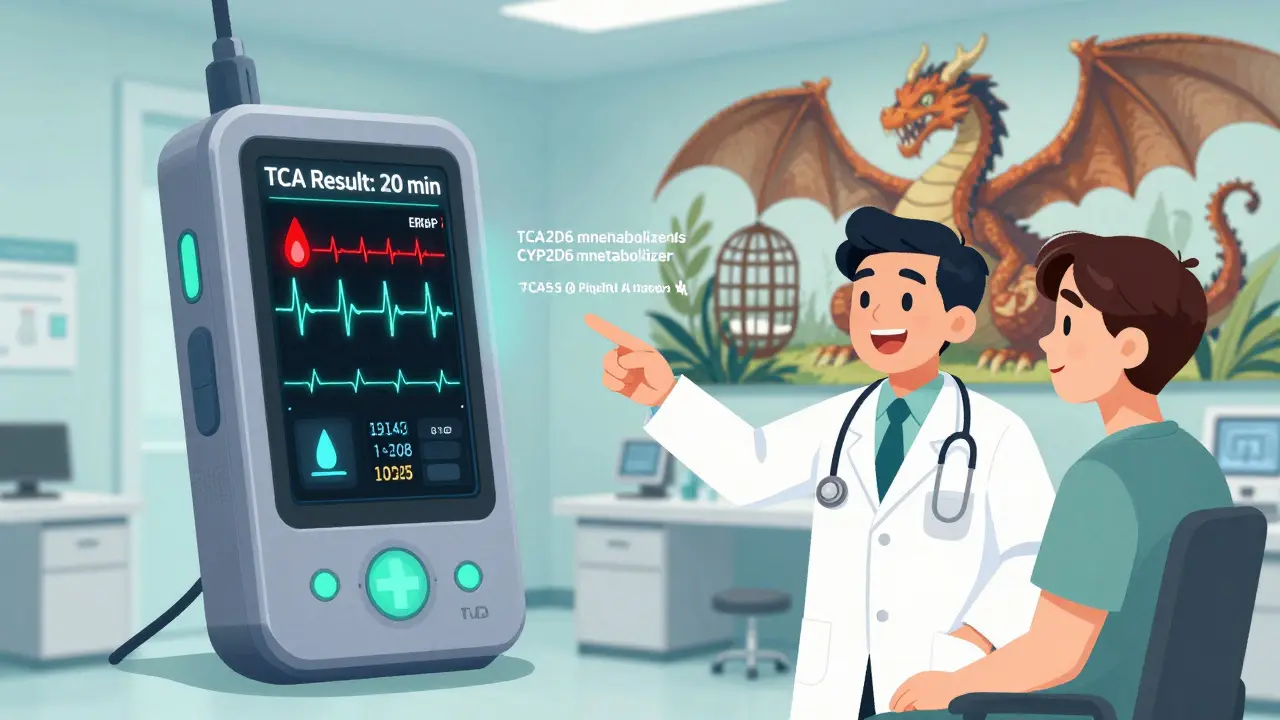 Handheld device displaying rapid TCA results with AI analysis and genetic data in clinic
