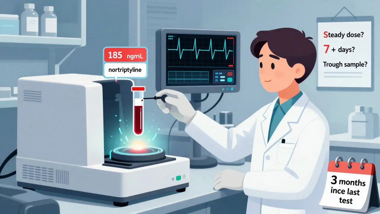 Lab technician analyzing blood sample with elevated nortriptyline level and improving ECG