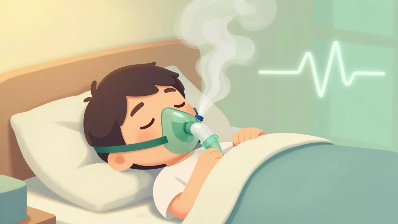 Person sleeping peacefully with CPAP mask, showing clear airflow and calm breathing environment.