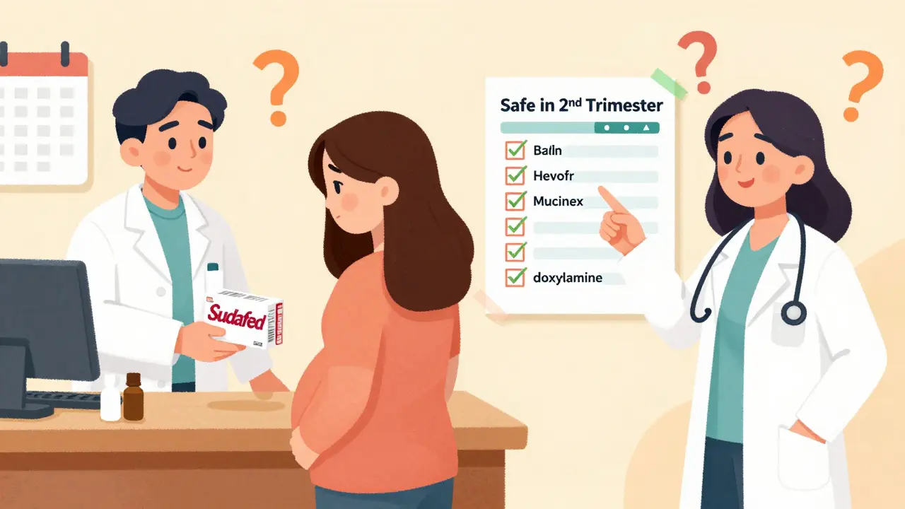 Split scene: pharmacist handing Sudafed to a pregnant woman while her doctor shows a safe medication chart.