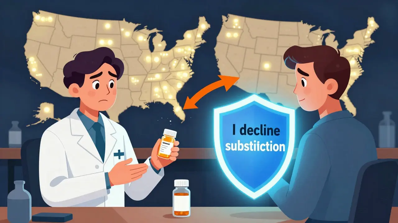 Split scene showing pharmacist handing generic drug versus patient asserting legal right to brand-name medication.
