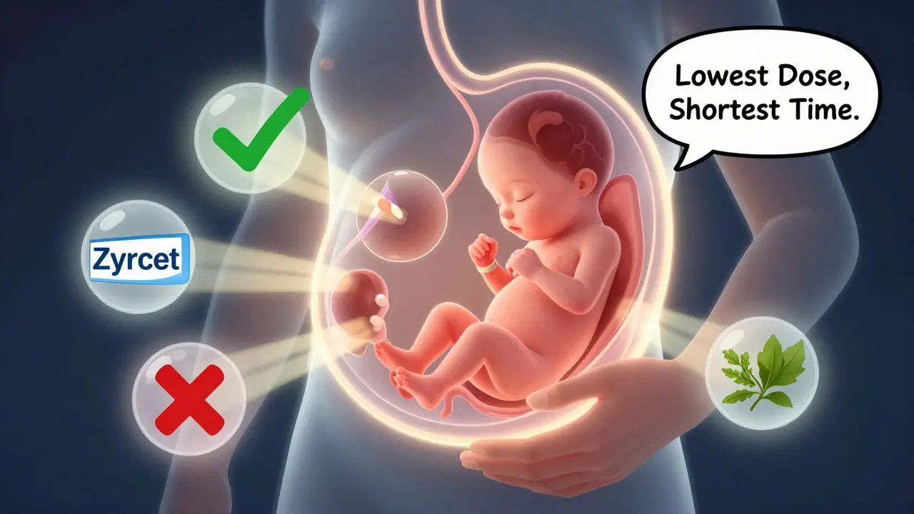 Transparent belly with fetus surrounded by icons of safe and unsafe medications during pregnancy.