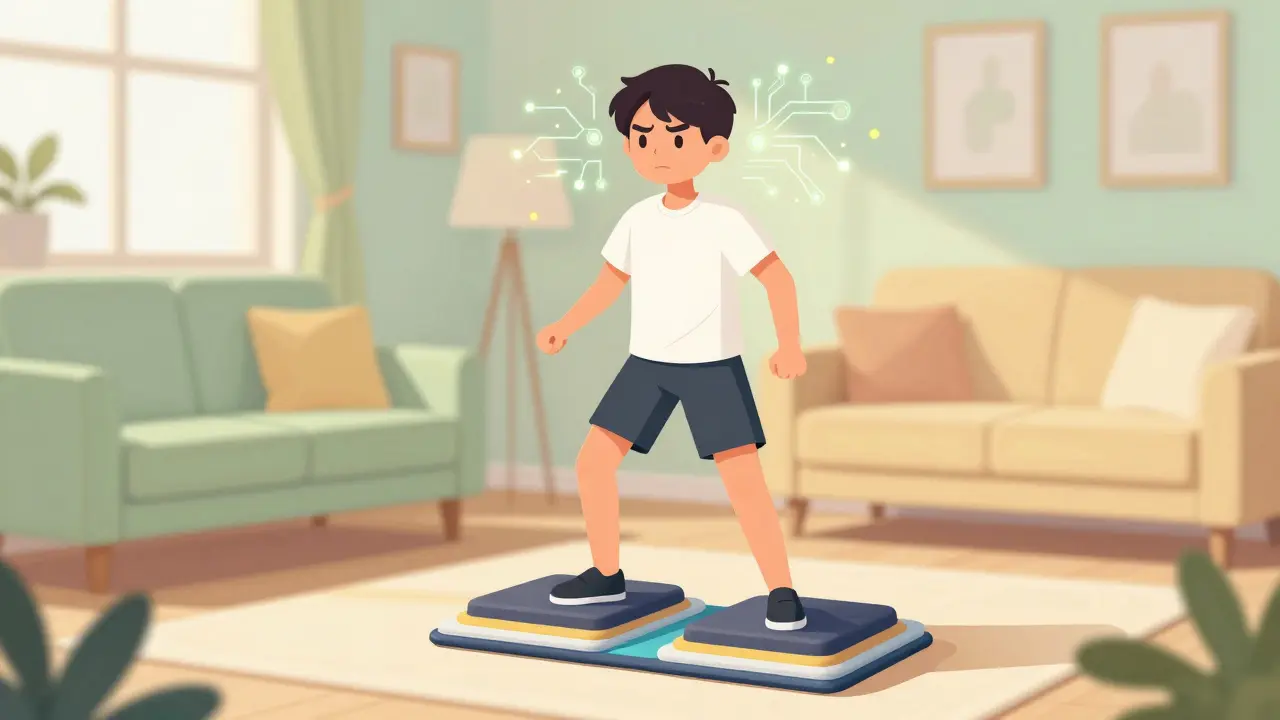 A person practicing balance exercises on a foam pad with glowing symbols of brain rewiring.