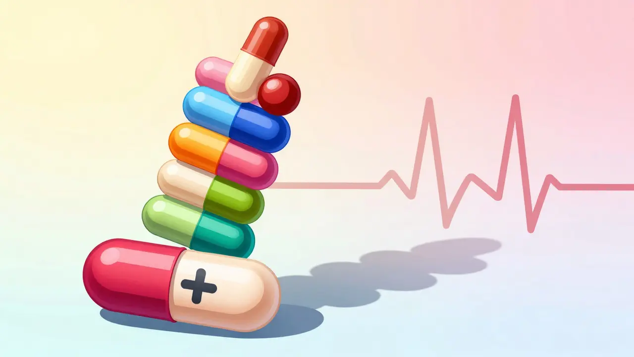 A precarious stack of colorful medication capsules casting a shadow of an elongated heartbeat line.