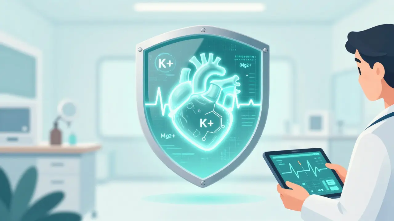 A protective shield of electrolytes and ECG waves guarding a glowing heart.