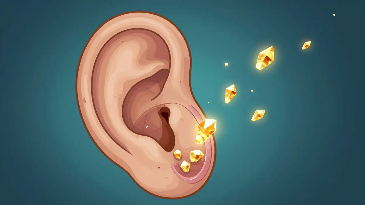 An anatomical illustration of the inner ear with glowing golden crystals drifting out of place.