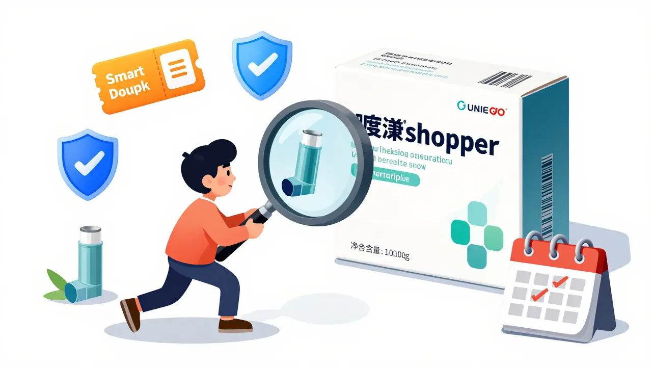 Character comparing a generic inhaler to a brand-name one using a magnifying glass