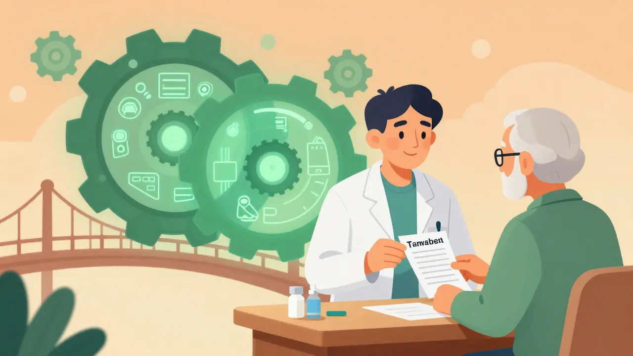 Concept art of a pharmacist explaining medication changes to an elderly patient beside digital systems.