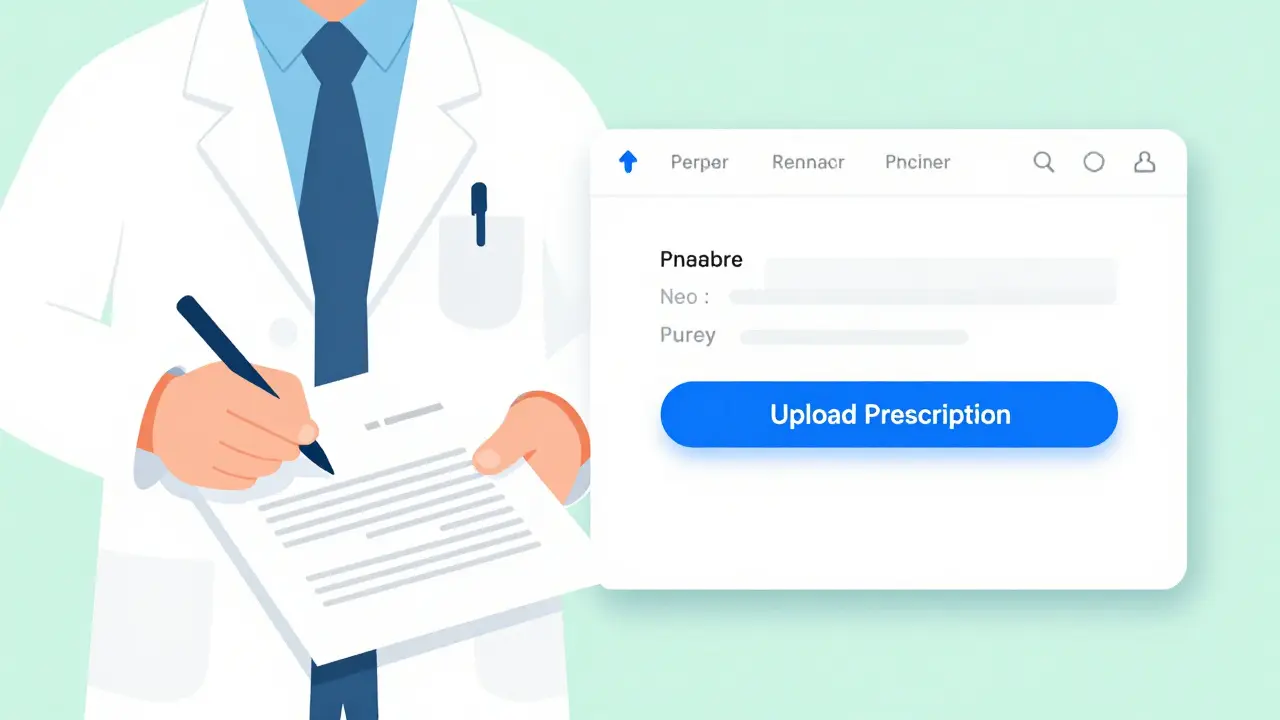 Concept art showing a doctor signing a prescription and a pharmacy website upload button.