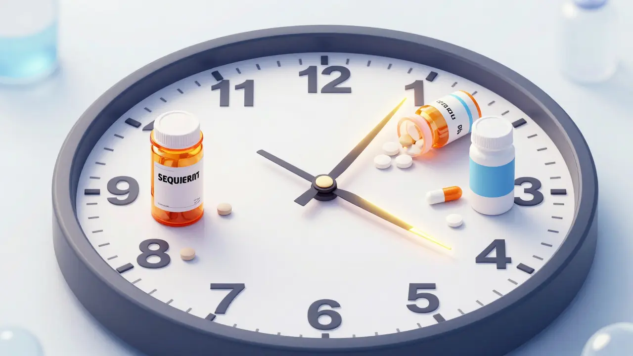 Conceptual clock showing the required time gap between taking different medications.