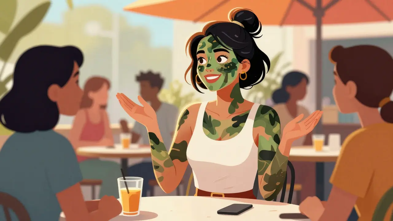 Confident woman socializing comfortably after using skin camouflage