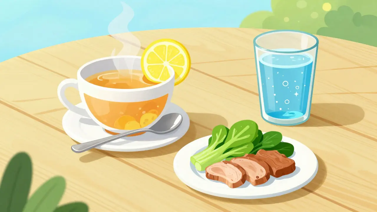 Flat-lay illustration of ginger tea, water, and small healthy meals to manage GLP-1 side effects.