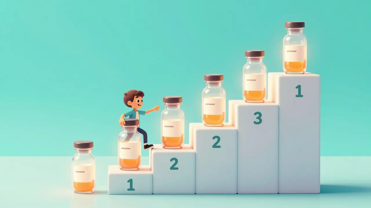 Illustration of a person climbing a staircase of medicine vials representing gradual dose titration.