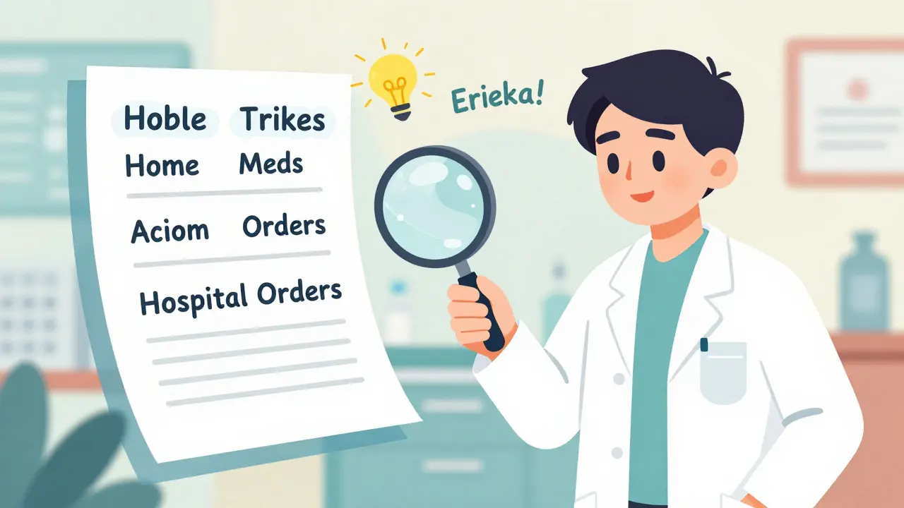 Illustration of a pharmacist acting as a detective comparing home and hospital medication lists.
