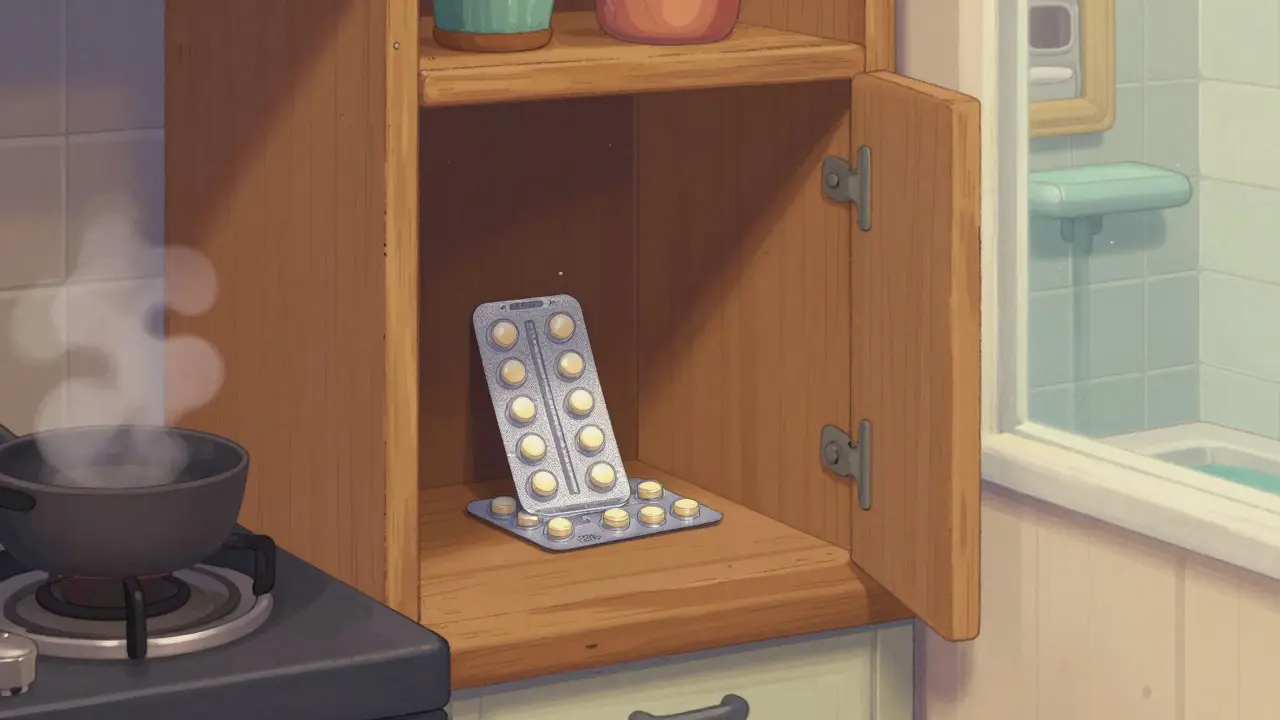 Illustration of medication stored safely in a cool, dry kitchen cupboard away from heat and moisture.