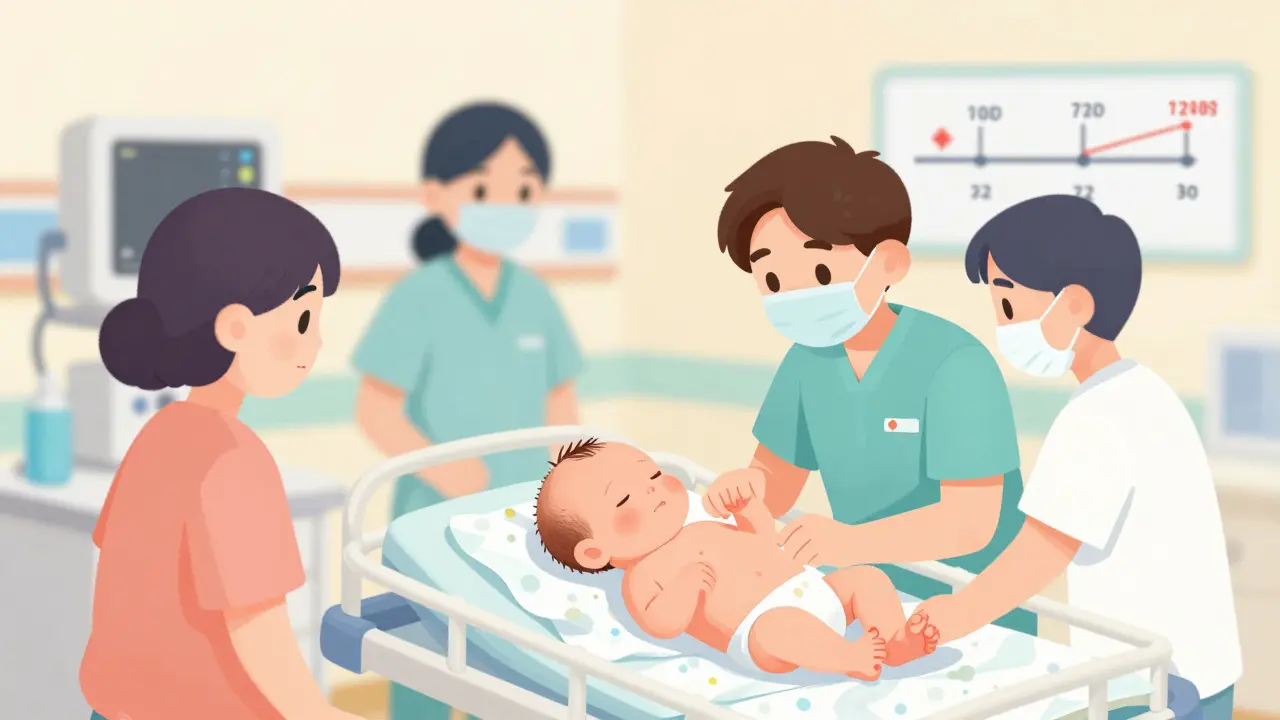 Newborn baby undergoing medical monitoring in hospital nursery setting