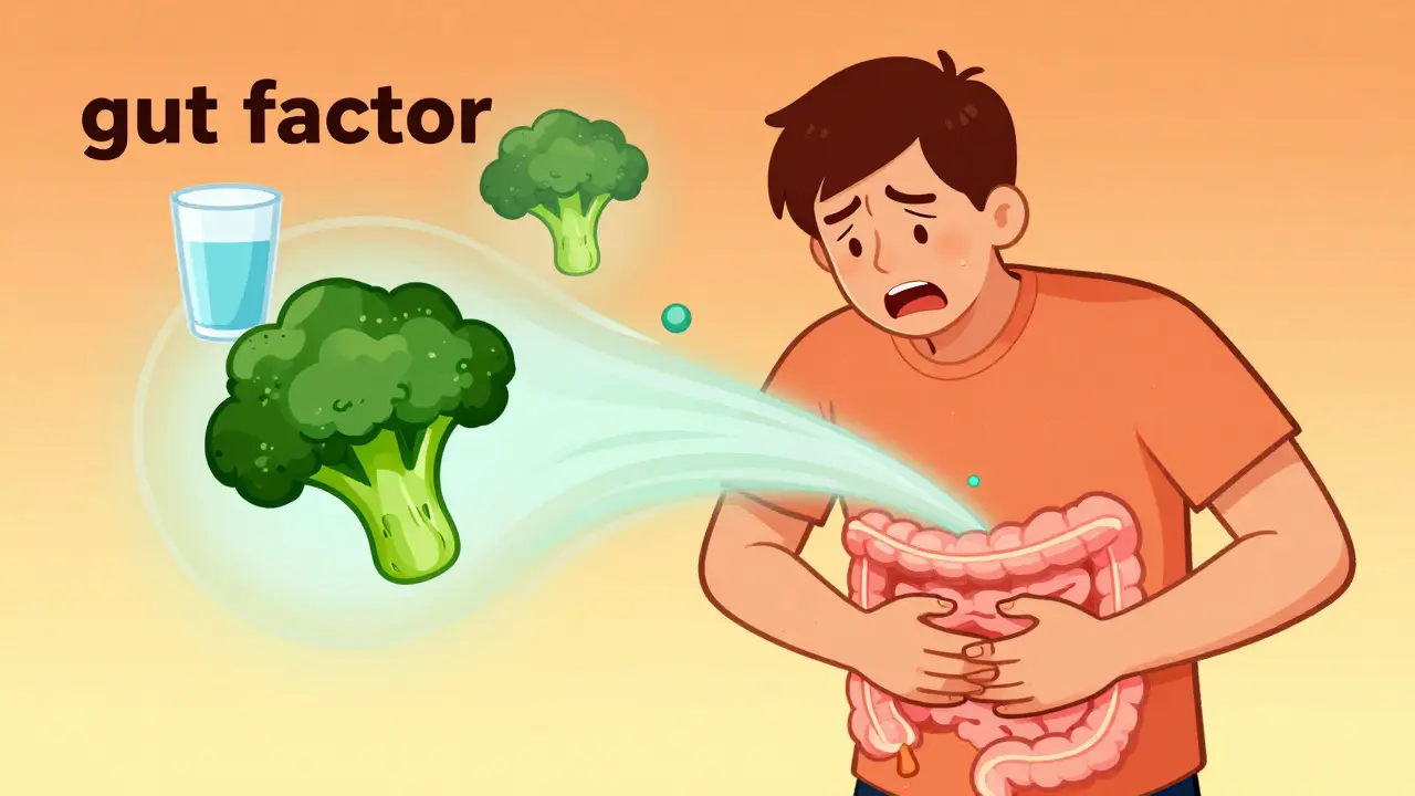 Personified depiction of digestive discomfort and the importance of fiber and water.