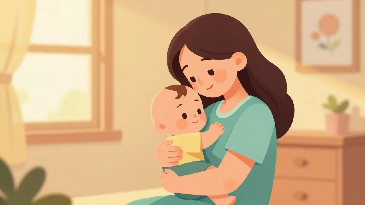 Recovered mother holding infant with warm home lighting and support symbols