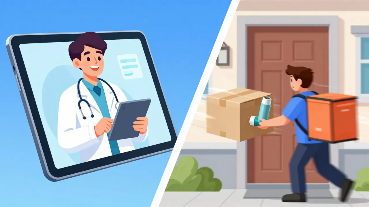 Split scene showing a telehealth doctor visit and a pharmacy package delivery